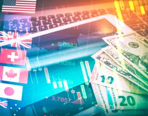 Forex Markets Currency Trading Global Economy Concept. United Kingdon Pund, European Euro, American and Canadian Dollar, Japanese Yen Currency